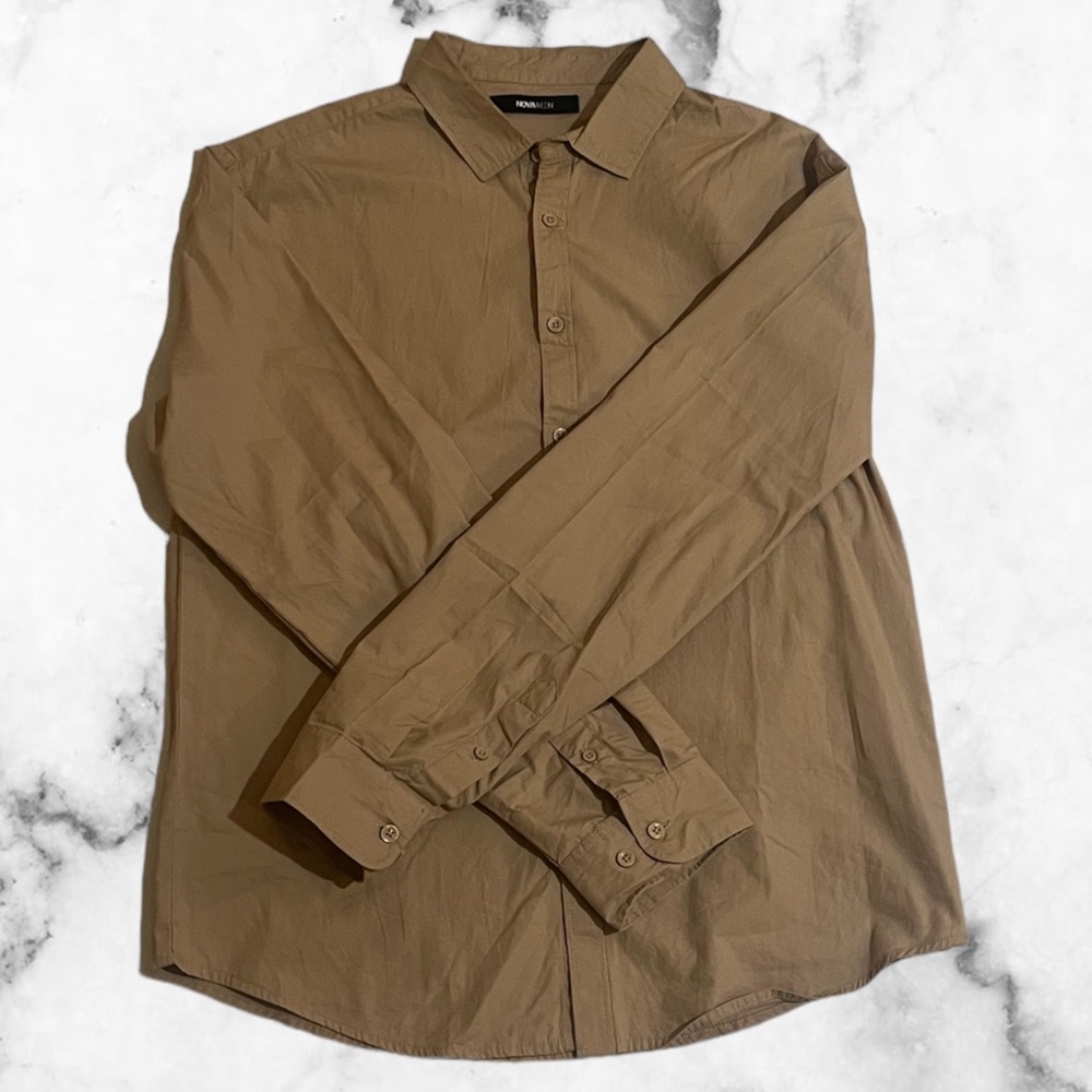 Fashion nova men tan button down shirt